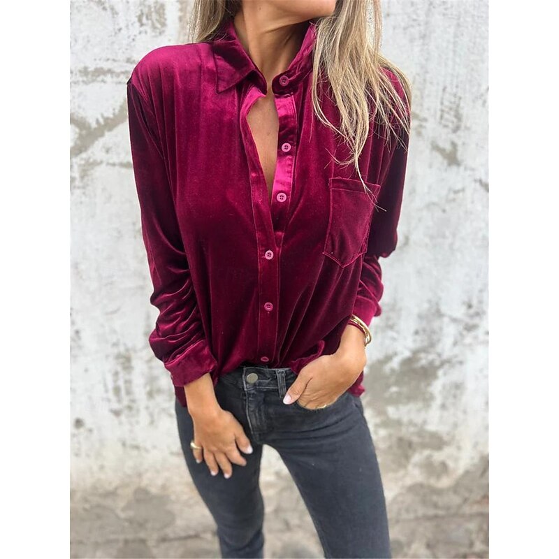 Women's Shirt Blouse Solid Color Basic Casual Long Sleeve Shirt Collar Regular Tops Daily Buttons Fuchsia Brown Green Fall Winter3