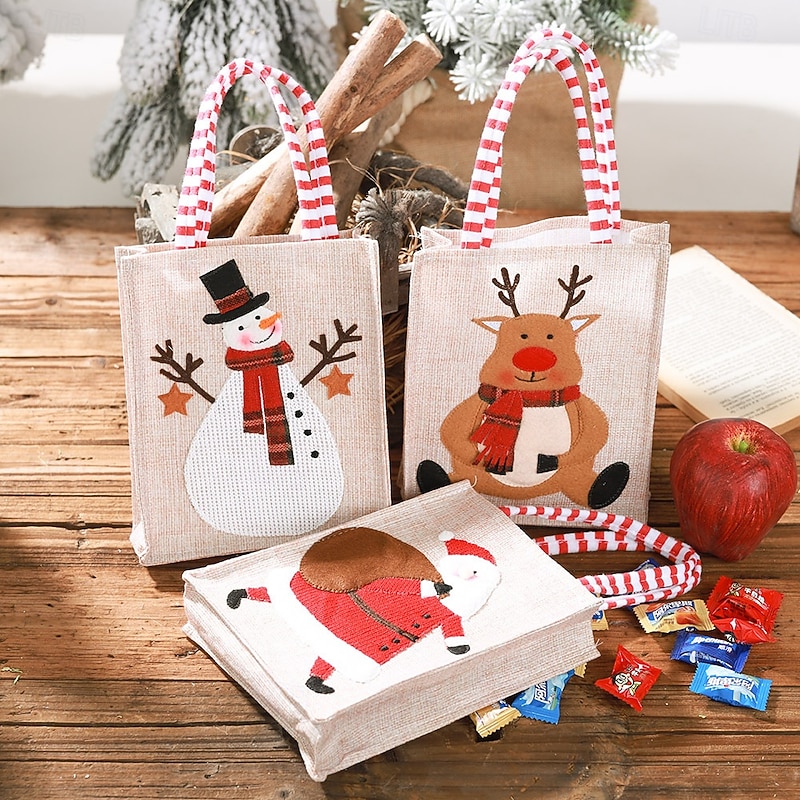 Christmas Gift Bags, Burlap 3D Embroidered Tote Bags for Kids, Candy Bags and Storage Pouches for Holiday Decorations4