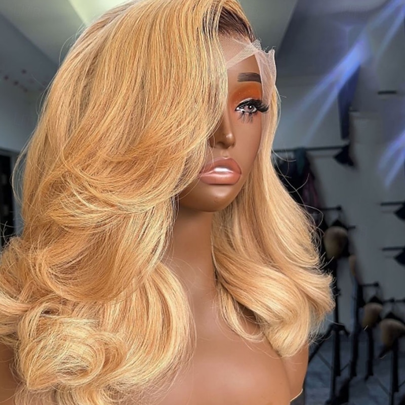 Brazilian Virgin Hair Glueless 13x4 Lace Front Wig Ombre Human Hair Wavy Wig  with Baby Hair Honey Blonde Colored Wigs Pre-Plucked For Women2