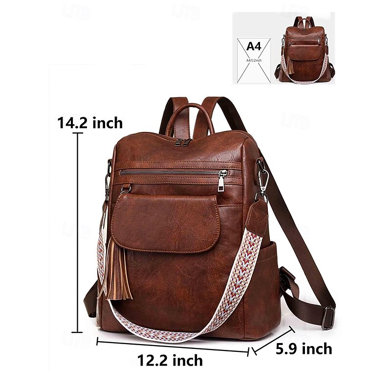 Women's Vintage Faux Leather Backpack with Tassel and Adjustable Geometric Strap – Casual Multi-pocket Travel Bag4