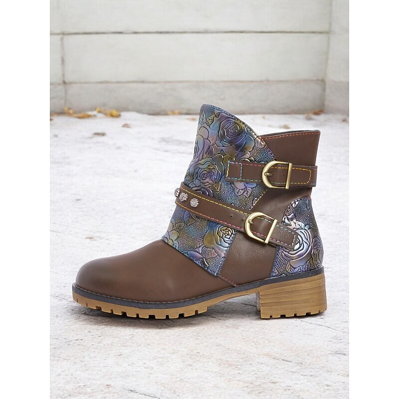 Women's Floral Embossed Ankle Boots – Vintage Buckle Design, Chunky Heel, and Side Zipper for Casual Wear2