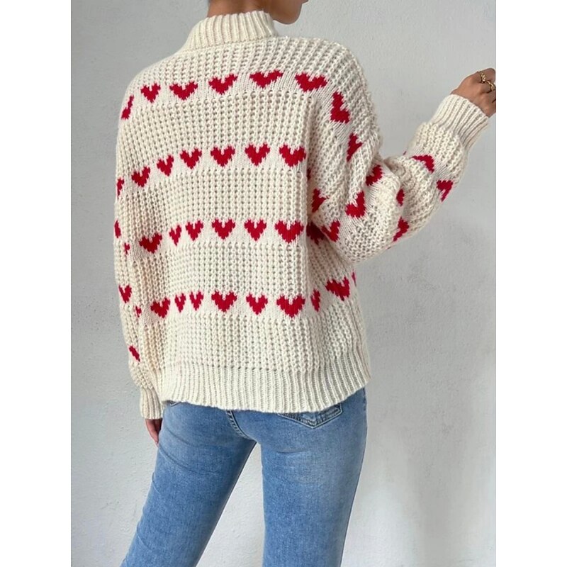 Women's Sweater Pullover Sweater Jumper Casual Soft Heart Ribbed Turtleneck Knitted Long Sleeve Regular Tops Knit Outdoor Daily Weekend Beige Fall Winter2