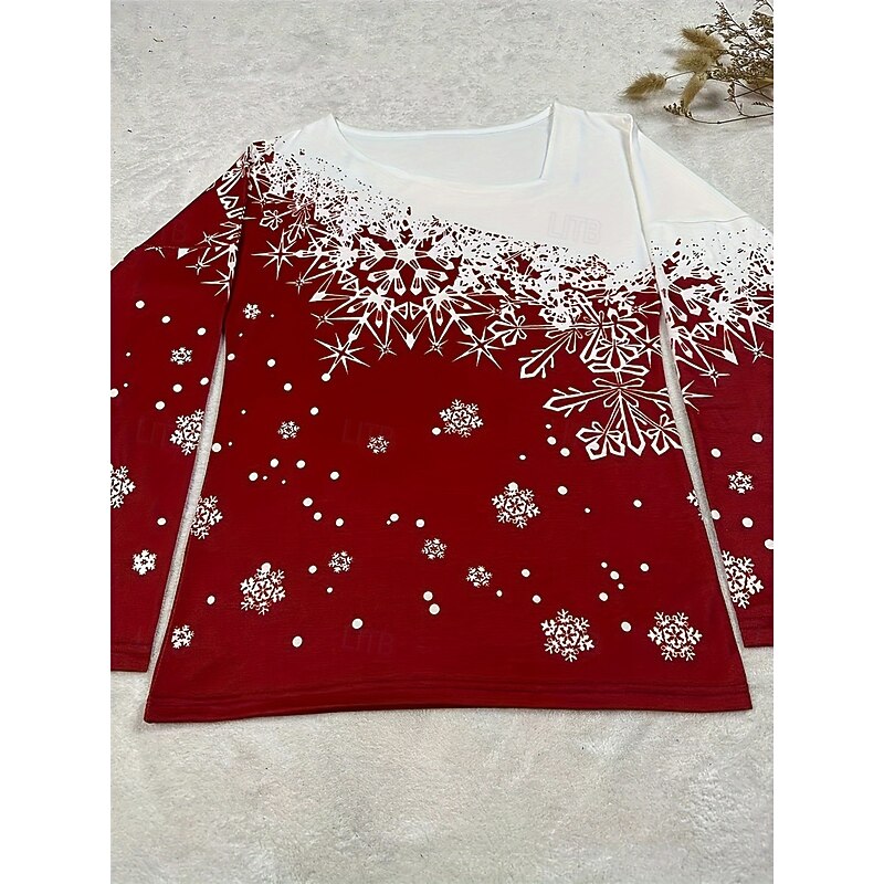 Women's T Shirt Snowflake Print 3/4 Sleeve Scoop Neck Gradient Red White Holiday Casual Festive Winter Top Comfortable Soft Touch Regular Fit3