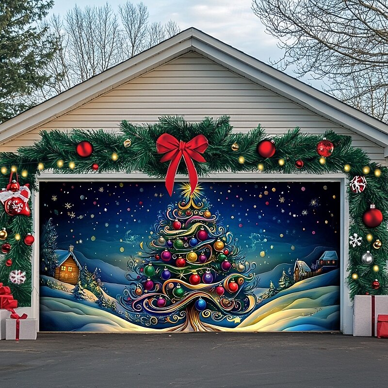 Christmas Door Decorations Outdoor Garage Door Cover Xmas Tree Banner Farmhouse Large Christmas Backdrop for Holiday Outdoor Garage Door Home Wall Decorations