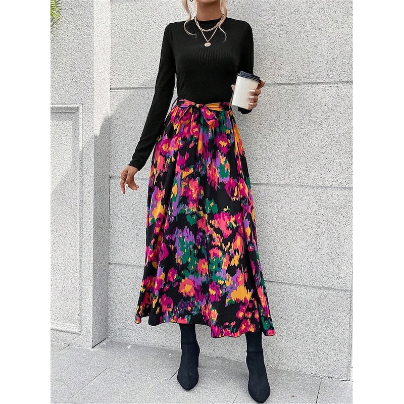 Women's Floral Stand Collar Maxi Dress Long Sleeve Spring Fall