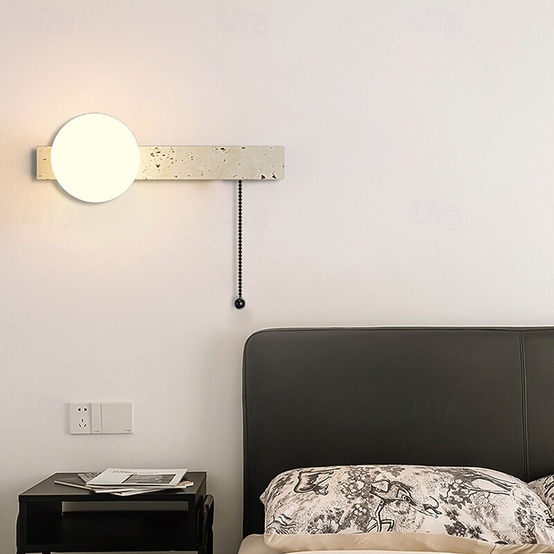 Wabi-Sabi Modern Yellow Travertine Wall Sconce Pull Chain Switch Retro Style Glass Wall Light Minimalist Square Wall Lamp Surface Mount LED Wall Lighting
