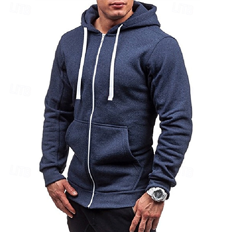 Men's Full Zip Hoodie Zip Up Hoodie Black Wine Navy Blue Light Grey Dark Gray Hooded Plain Zip Up Patchwork Pocket Sports & Outdoor Daily Holiday Polyester Streetwear Basic Casual Spring &  Fall2