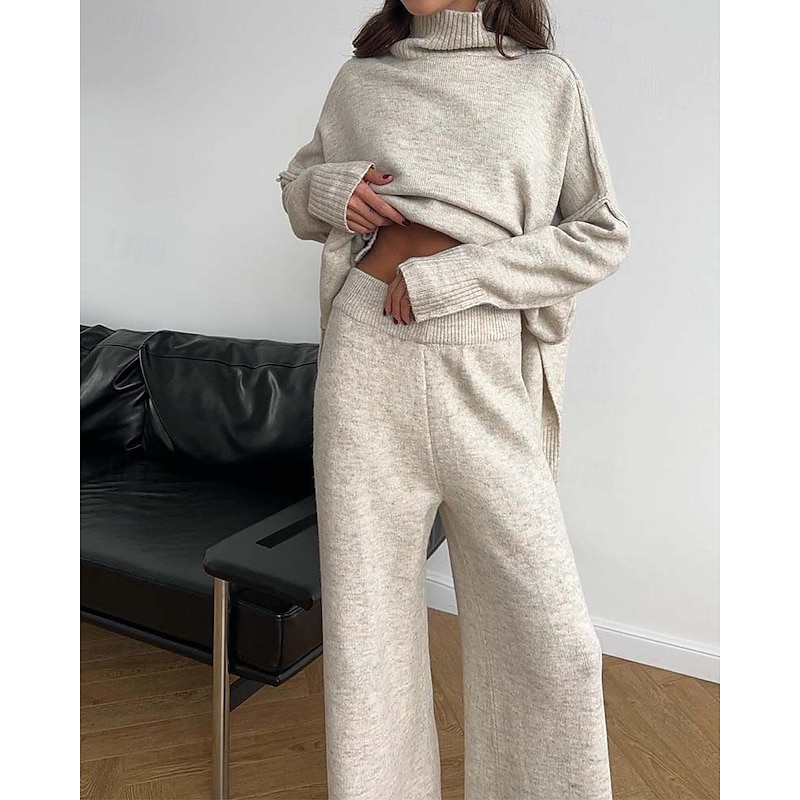 Women's Sweater Co-ords Sweater Set Casual Soft Pure Color Ribbed Turtleneck Split Knitted Long Sleeve Regular Tops Knit Outdoor Daily Weekend Khaki Dark Gray Fall Winter