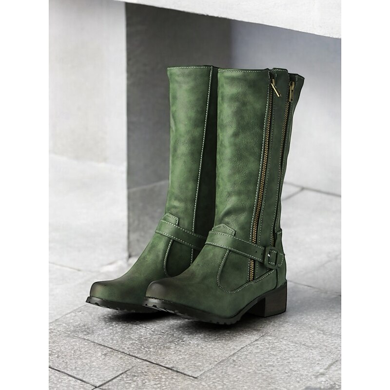 Women's Mid-Calf Faux Leather Boots with Double Zipper and Buckle Strap – Casual Western Style for Outdoor and Everyday Wear2