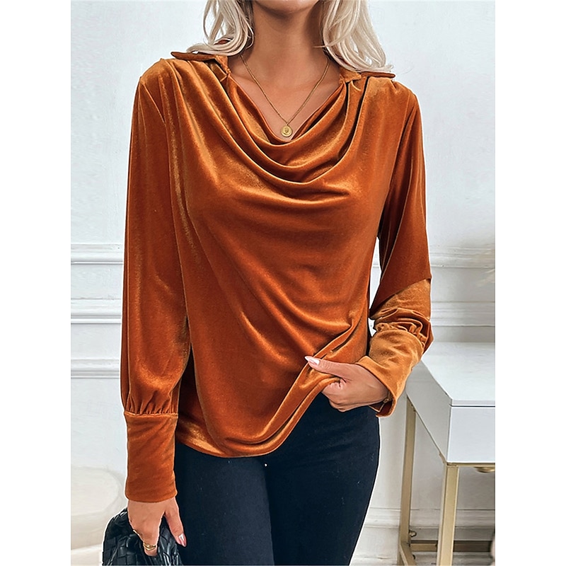 Women's Shirt Velvet Elegant Dressy Solid Color Casual Long Sleeve Cowl Neck Regular Tops Daily Brown Fall Winter