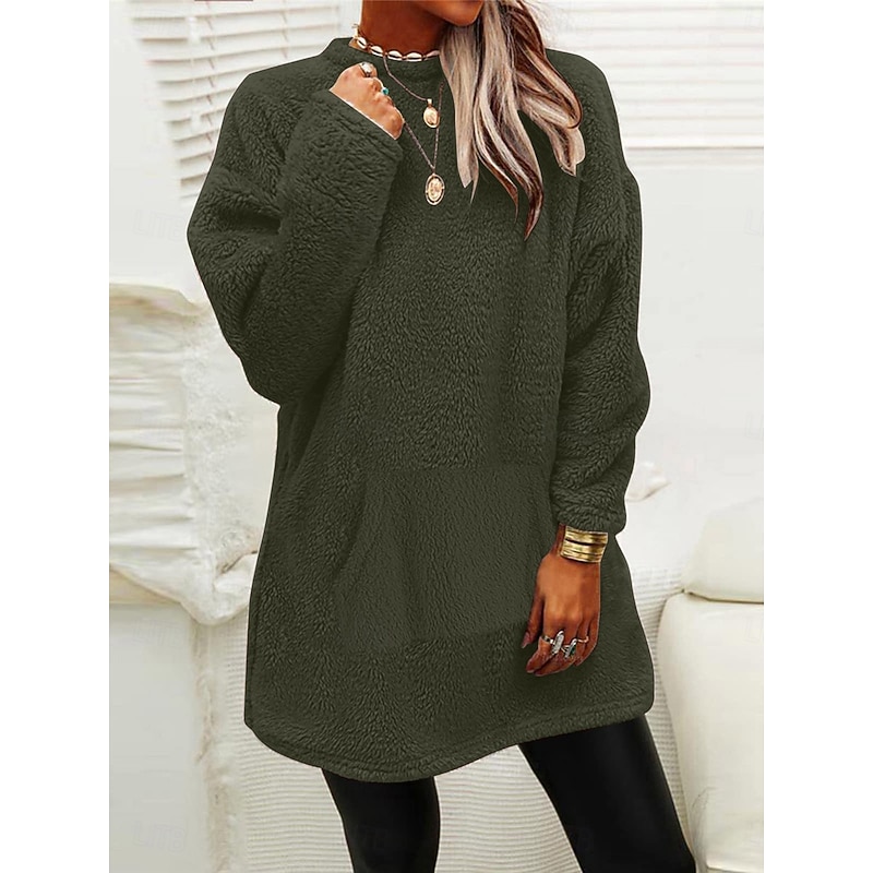 Women's Sweatshirt Casual Sherpa Plain Dailywear Crew Neck Pocket Long Sleeve Pink Blue Green Gray Fall Winter2
