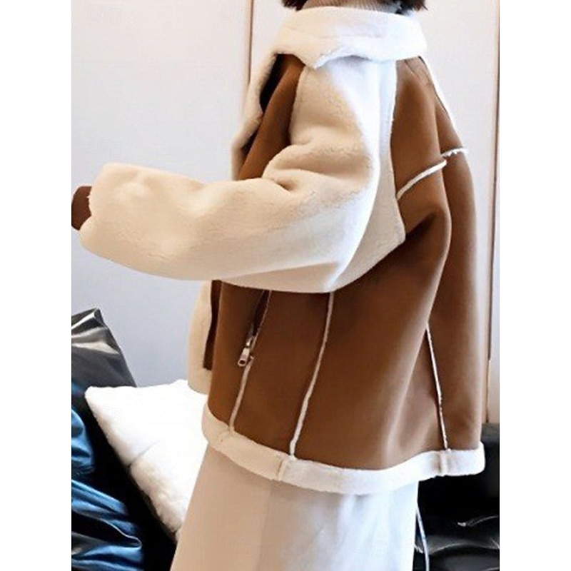 Women's Fleece Jacket Teddy Coat Warm Breathable Zipper Pocket Fleece Lined Casual Plain Vacation Street Daily Wear Going out Zipper Regular Turndown Regular Fit Long Sleeve Outerwear Brown Khaki3