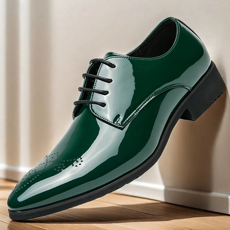 Men's Green Patent Faux Leather Dress Shoes – Glossy Lace-Up Formal Shoes for Weddings and Special Events