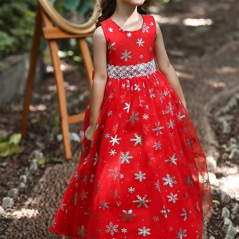 Kids Girls' Cosplay Dress Party Dress Snowflake Sleeveless Performance Christmas Mesh Backless Patchwork Beautiful Sweet Polyester Maxi Party Dress Swing Dress Tulle Dress Winter 4-12 Years White