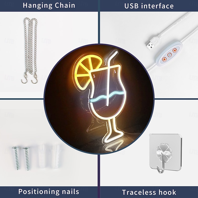 Cocktails Neon Sign Light, Dimmable LED Wall Decor USB Powered for Bars, Bedrooms & Parties | USB Acrylic Drink Art Night Light, Perfect Gift for Beer Bars, Clubs & Events4
