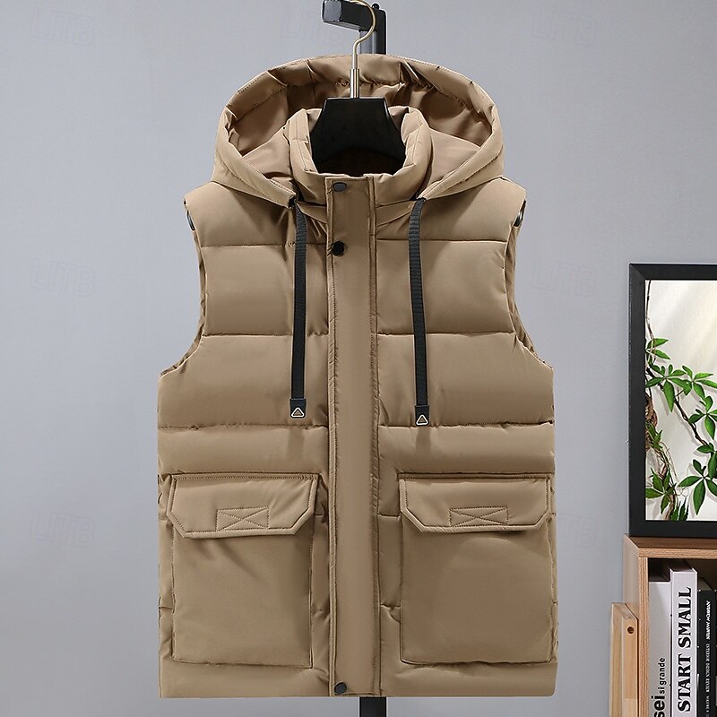 Men's Puffer Vest Hoodie Vest Padded Gilet Quilted Vest Daily Date Vacation Fashion Casual Fall & Winter Hooded Polyester Warm Comfortable Solid Color Zipper Stand Collar Regular Fit Black Khaki3