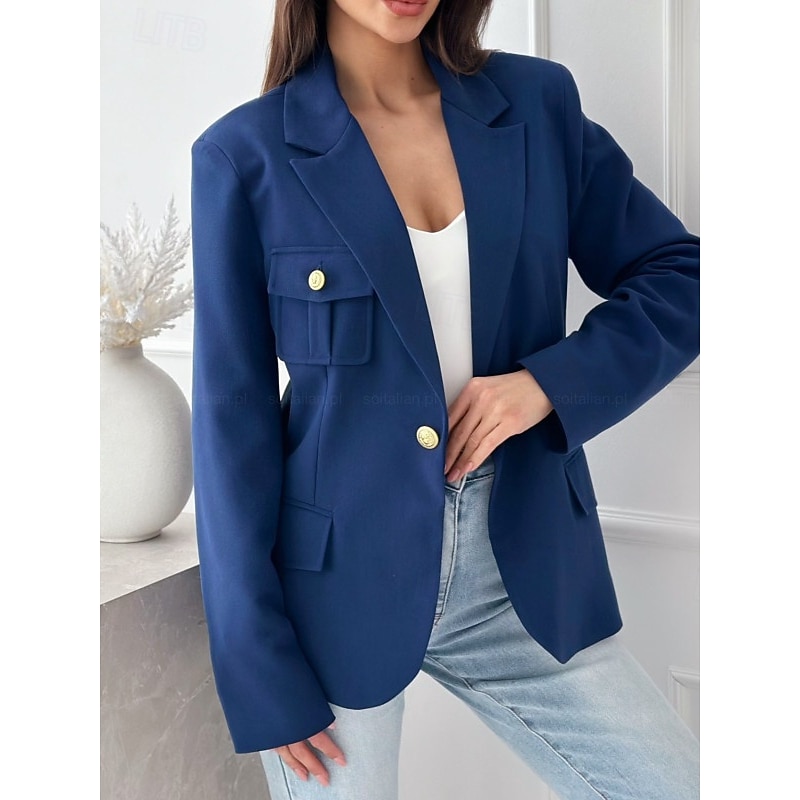 Women's Blazer Work Button Solid Color Casual / Daily Stylish Regular Fit Outerwear Long Sleeve Winter Black S