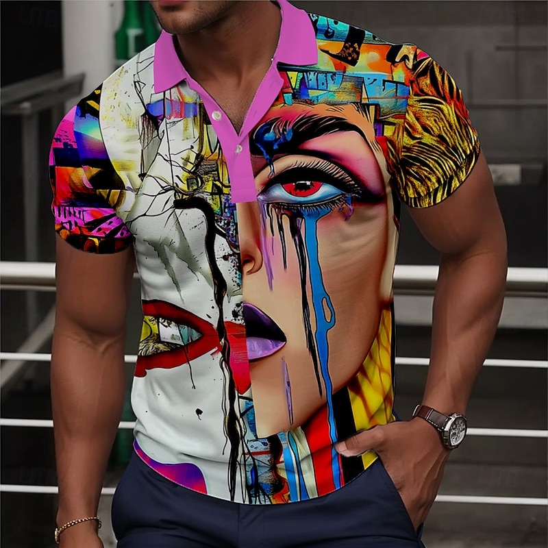 Men's Golf Shirt Short Sleeve Polo Shirts Collared Shirts Vacation Wear Party Outfits Buttons 3D Print Summer Multi Color