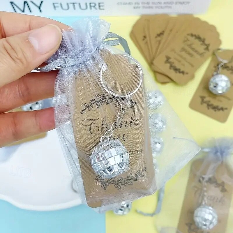 24pack 24-Piece Disco Ball Keychain Set with Thank You Tags & Organza Bags 70s 80s Party Favors Carnival Supplies Birthday Gifts - Silver Mirror Ball Keychains for Events & Celebrations3