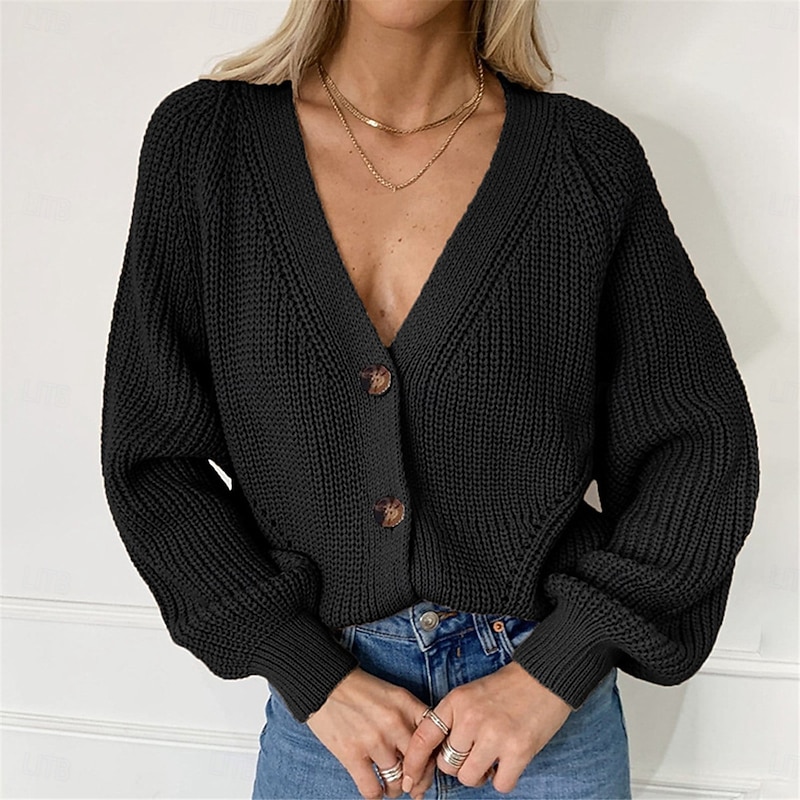 Women's Sweater Cardigan Casual Soft Pure Color Ribbed V Neck Buttons Knitted Long Sleeve Regular Tops Knit Outdoor Daily Weekend Black Khaki Fall Winter4