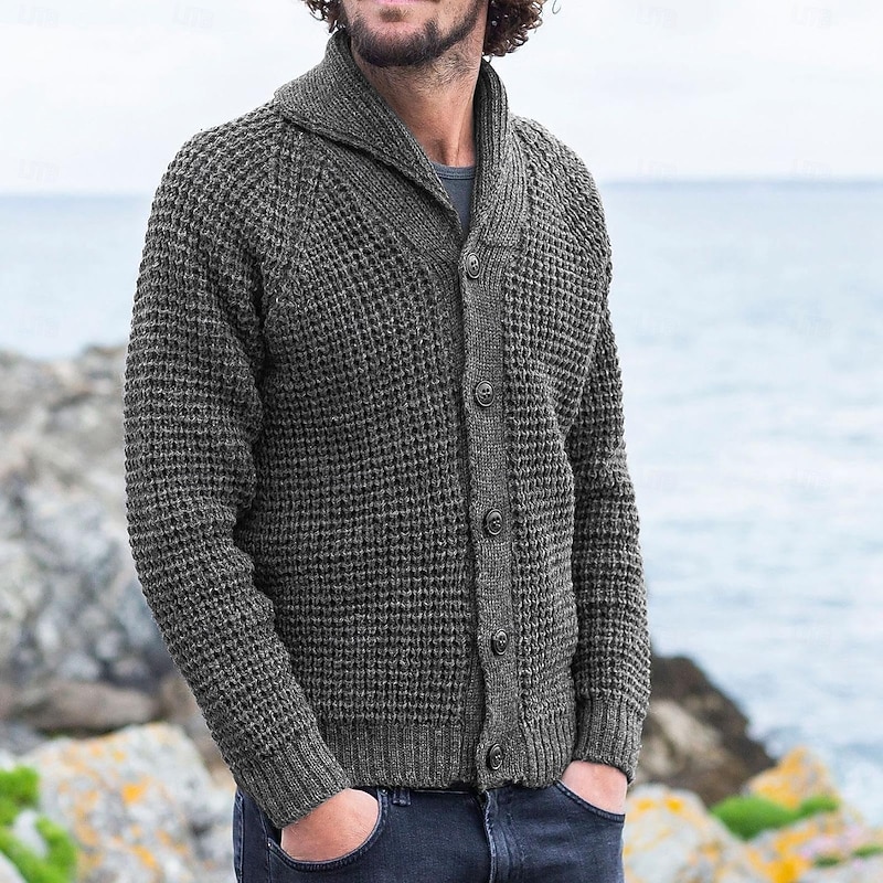 Men's Cardigan Sweater Knit Sweater Ribbed Knit Regular Button Up Solid Color Shawl Collar Fashion Classic Daily Wear Date Clothing Apparel Fall & Winter Gray M L XL