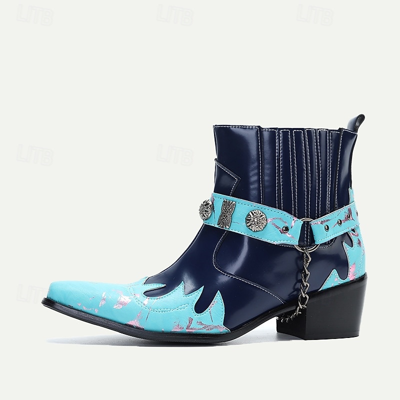 Men's Blue and Turquoise Leather Motorcycle Boots – Western Style Ankle Boots with Silver Buckle Detailing for Bold Fashion3