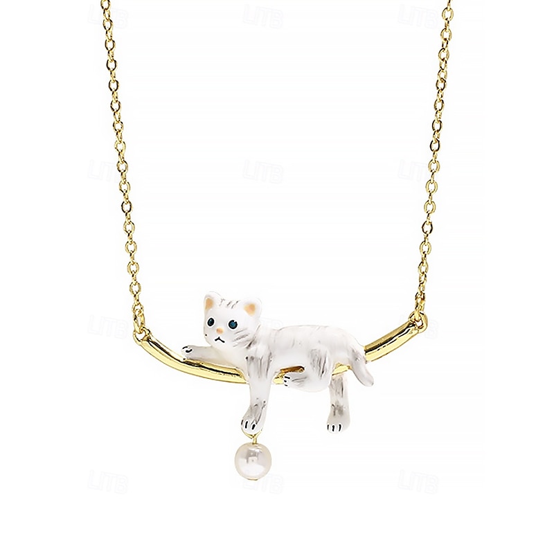 Elegant Cat Pendant Necklace with Pearl Charm – Playful Animal Jewelry for Women, Delicate Chain