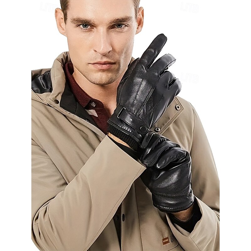 Men's Winter Faux Leather Gloves with Buckle Strap – Warm Lined Gloves for Cold Weather, Touchscreen Compatible2
