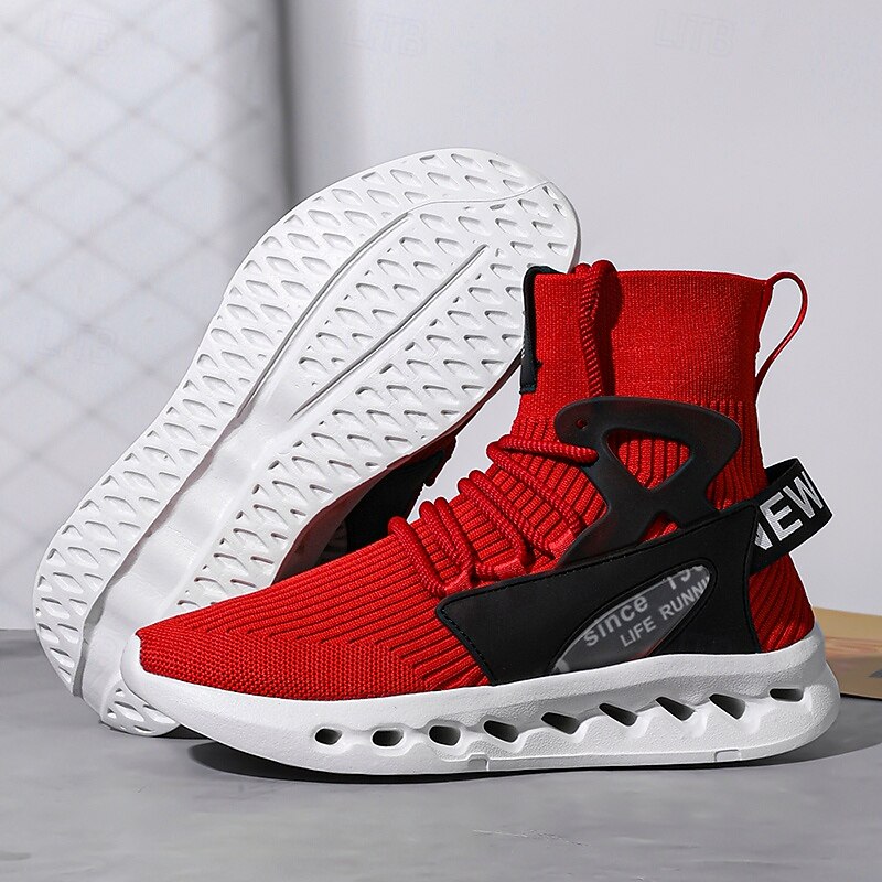 Men's Red High-Top Breathable Athletic Sneakers – Lightweight Knit Running Shoes with Cushioned Sole for Sports & Casual Wear4