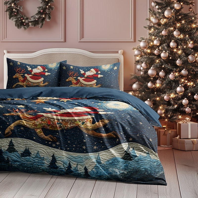 Santa Claus 100% Cotton Christmas Comforter Set Full 3-Piece Holiday Duvet Cover Set for Kids Soft & Cozy Xmas Bedspread with Pillowcases King Queen Size