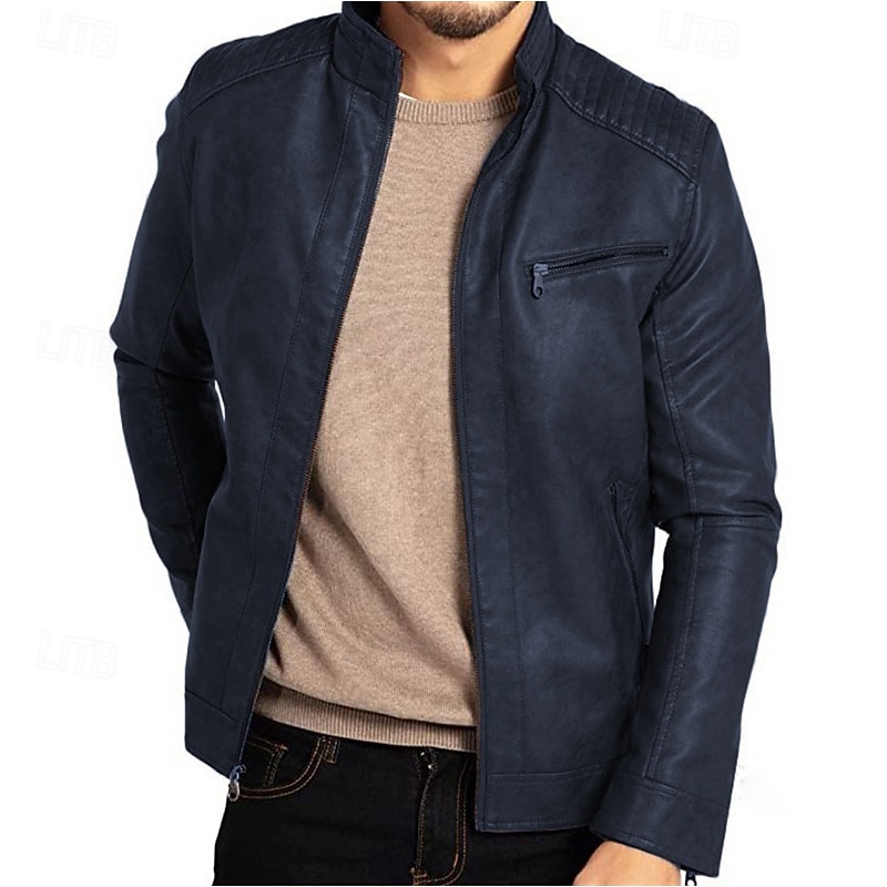 Men's Faux Leather Jacket Transition Jacket Biker Jacket Vintage Leather Jacket Vacation Daily Windproof Warm Pocket Fall & Winter Plain Fashion Classic Stand Collar Regular Faux Leather Black Blue4