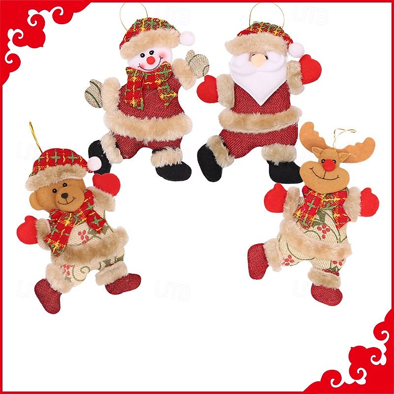 4pcs Christmas Tree Accessories Christmas Doll Dancing Old Man Snowman Deer Bear Fabric Doll Small Pendant Gift4