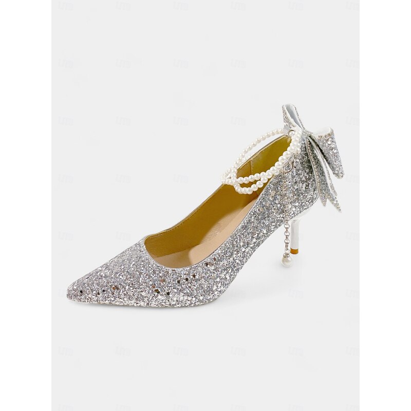 Women's Glitter Pointed Toe Stiletto Heels with Bow and Pearl Ankle Strap - Red Evening Shoes for Party, Prom, and Special Occasions2