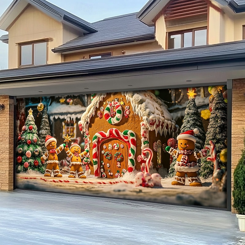 Christmas Door Decorations Garage Door Cover Xmas Candy Canes Gifts Gingerbread Outdoor Banner Large Christmas Backdrop for Holiday Outdoor Garage Door Home Wall Decorations 5