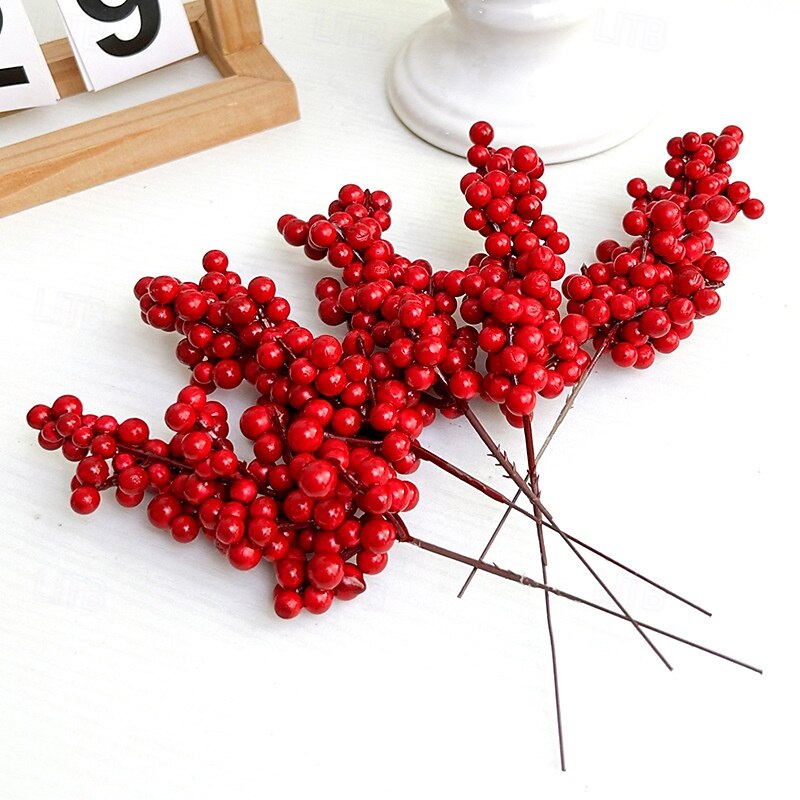 12Pcs New Year's Holly Wealth Red Fruit Simulation Fake Flower Christmas Decoration Bucket DIY Accessories Red Berry String