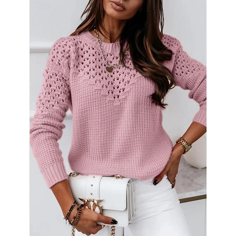 Women's Sweater Casual Soft Pure Color Ribbed Crew Neck Knitted Long Sleeve Regular Tops Knit Outdoor Daily Weekend White Pink Fall Winter3