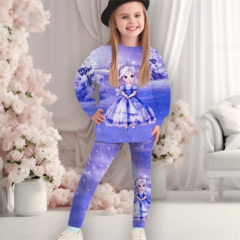Girls' 3D Graphic Cartoon Snowflake Christmas Sets Sports Suit Tracksuits Long Sleeve Spring Fall Daily Casual Tights Kids 4-12 Years Crew Neck Outdoor Vacation Sports Tailored Fit3