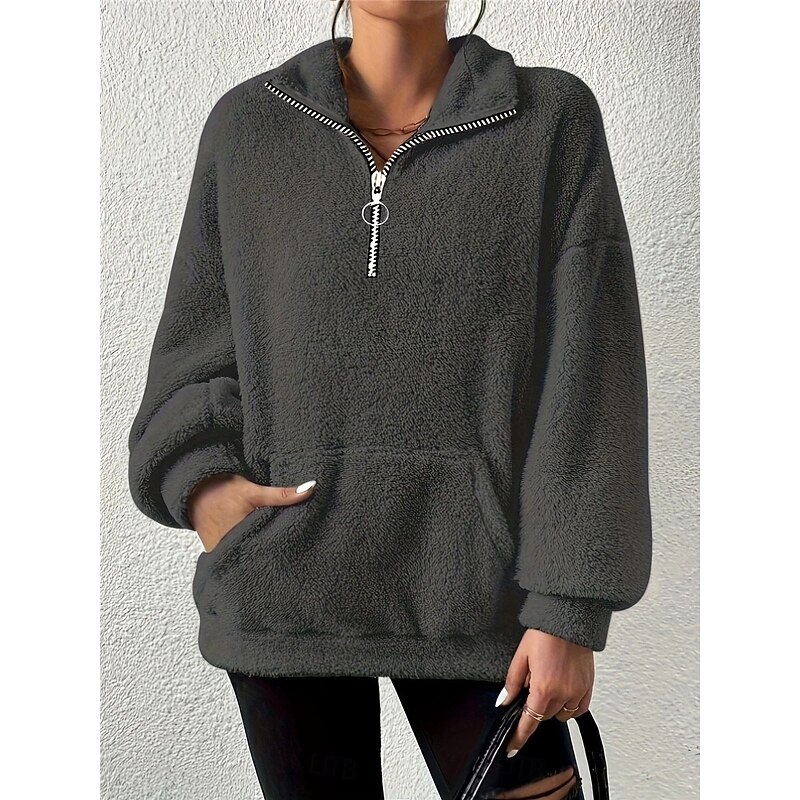 Women's Sweatshirt Casual Sherpa Fleece Plain Street Dailywear Turtleneck Pocket Half Zip Long Sleeve Brown Beige Gray Fall Winter3