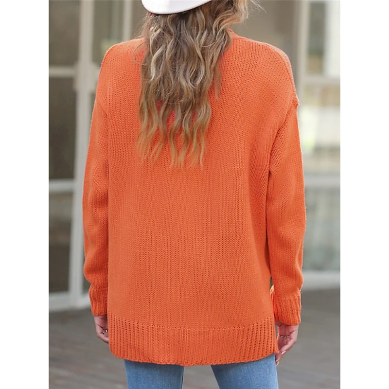 Women's Sweater Cardigan Casual Soft Pure Color Ribbed Open Front Pocket Knitted Long Sleeve Regular Tops Knit Outdoor Daily Weekend Orange Fall Winter2