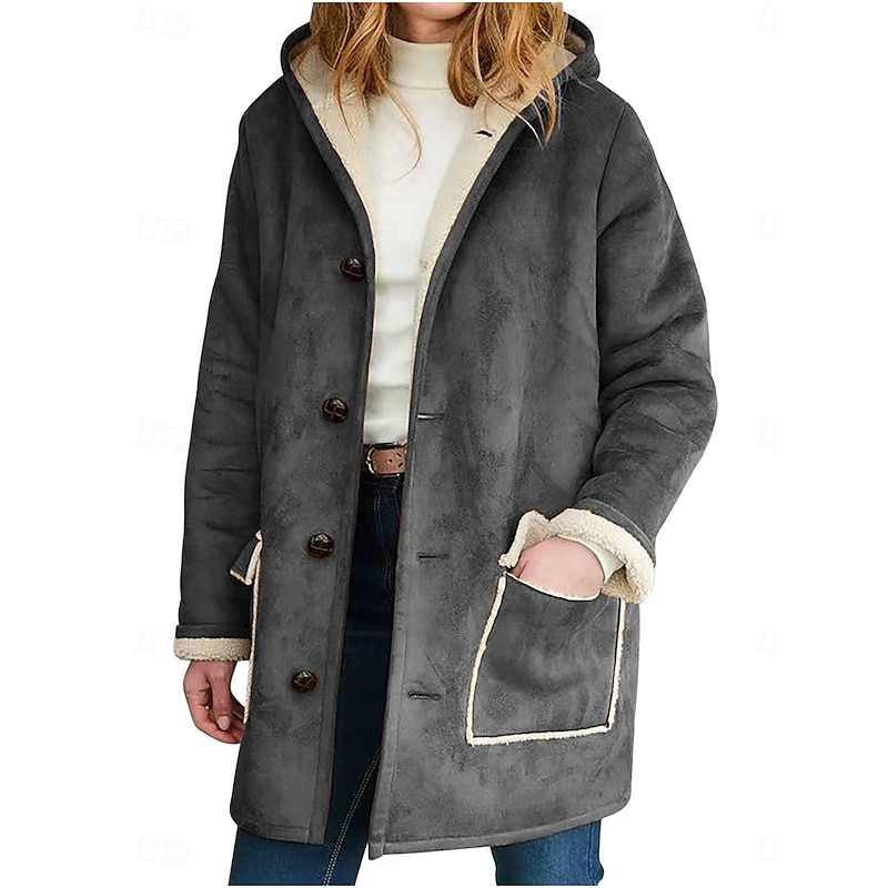 Women's Fleece Jacket Teddy Coat Warm Breathable Buttons Pocket Fleece Lined Casual Plain Vacation Street Daily Wear Going out Zipper Long Hoodie Regular Fit Long Sleeve Outerwear Brown Khaki Gray