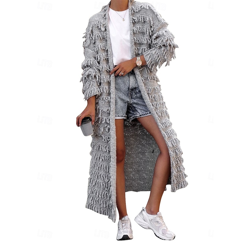 Women's Sweater Cardigan Casual Soft Pure Color Ribbed Open Front Tassel Knitted Long Sleeve Long Tops Knit Outdoor Daily Weekend Black Khaki Fall Winter