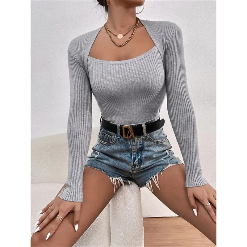Women's T Shirt Plain Fashion Modern Casual Long Sleeve Square Neck Regular Tops Daily Weekend Black White Red Gray Fall Winter3