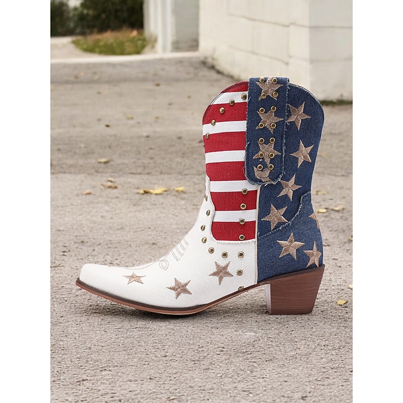 Women's Patriotic Western Cowboy Boots – American Flag Print with Star Embellishments, Vintage-Style Festival and Rodeo Footwear4