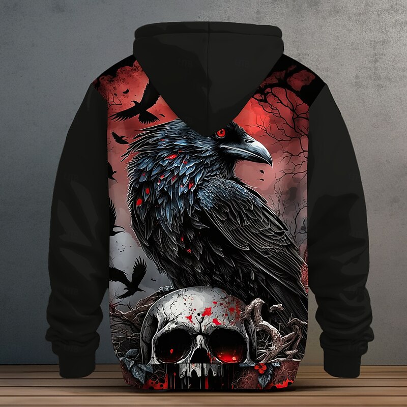 Men's Crow Fleece Hoodie Hoodies Fashion Cool Long Sleeve Hooded Vacation Halloween Sports Outdoor Black Drawstring Fall Winter Designer2