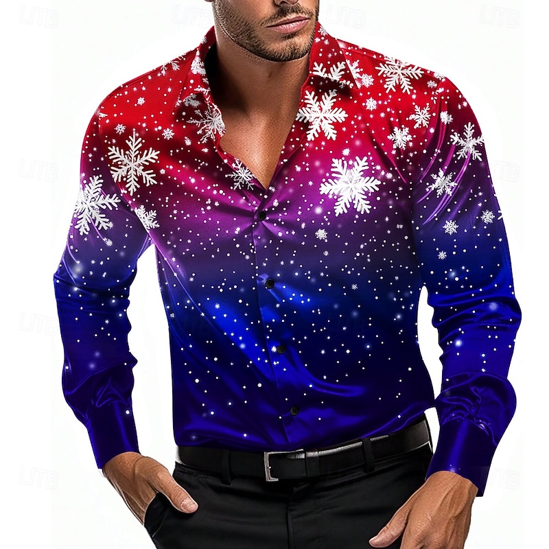 Christmas Men's Christmas Scene Printed Shirts Snowflake Casual Fashion Casual Dress Button Up Long Sleeve Party Evening Dailywear Vacation Summer Spring Fall Collared Shirts 3D Print Thin Blue Satin