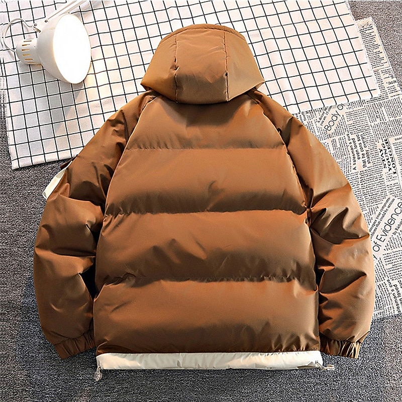 Men's Winter Coat Puffer Jacket Padded Jacket Hoodie Jacket Pocket Daily Vacation Going out Regular Fashion Classic Casual Warm Fall & Winter Color Block Black Light Green Coffee Puffer Jacket2