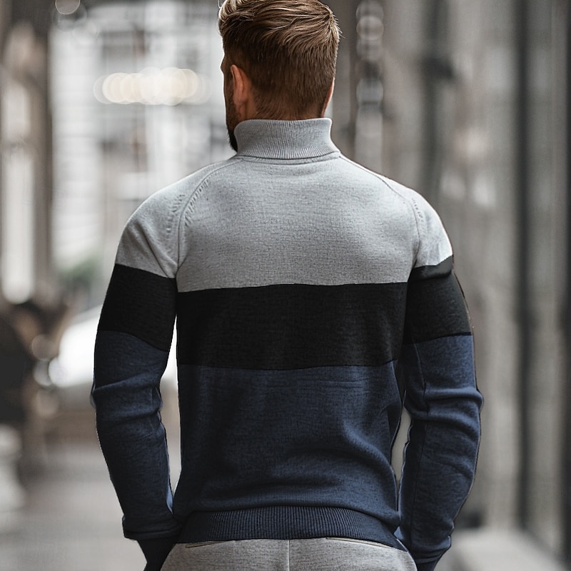 Men's Cardigan Sweater Zip Sweater Knit Patchwork Zipper Color Block Turtleneck Knitwear Elegant School Training Clothing Apparel Bishop Sleeve Fall Winter Navy Blue Royal Blue S M L