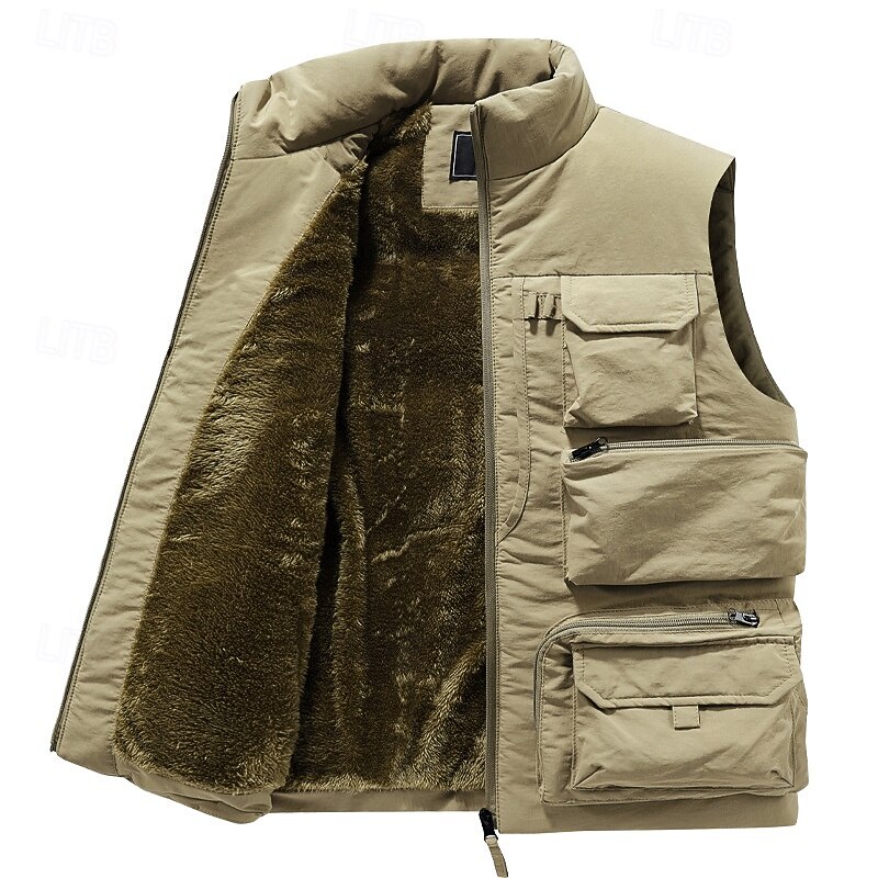 Men's Fleece Vest Outdoor Vest Fishing Vest Daily Date Vacation Fashion Casual Fall & Winter Pocket Polyester Warm Comfortable Solid Color Zipper Stand Collar Regular Fit Black Khaki Gray Vest2