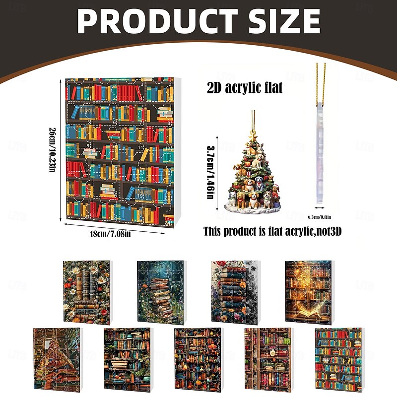 Christmas Advent Calendar Ornaments,2D Acrylic Books Lover Ornaments 24pcs Christmas Ornament Kit Gift 24 Days Countdown Mini Hanging Tree Xmas Ornaments for Christmas Party Decorations2