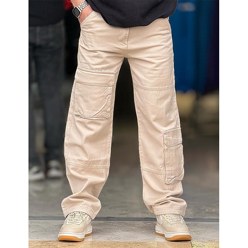 Men's Cargo Pants Trousers Chino Pants Casual Pants Elastic Waist Multi Pocket Straight Leg Plain Comfort Soft Full Length Outdoor Casual Daily Fashion Streetwear Black Khaki
